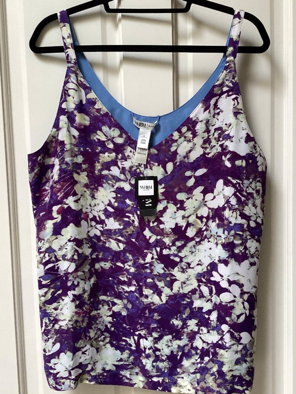 WHBM purple blue flowered reversible women's top, size large NWT